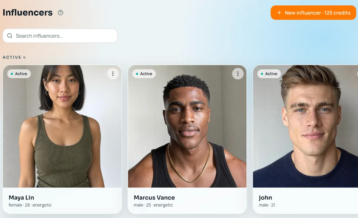 Amplify Influencers screen with three AI creators, each with a name, age and style