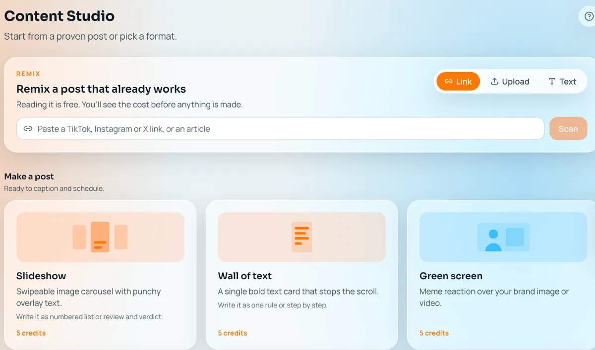 Amplify Content Studio with a box to paste a TikTok, Instagram or X link to remix, and post formats below