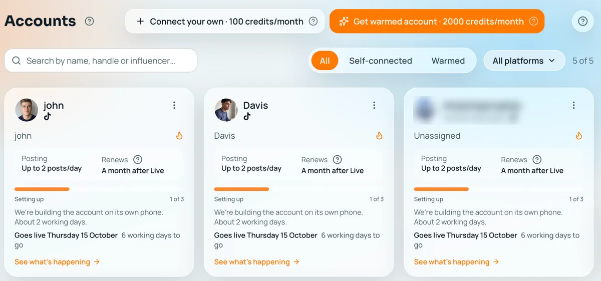 Amplify Accounts screen showing warmed TikTok accounts being set up, each with up to 2 posts a day and a go-live date